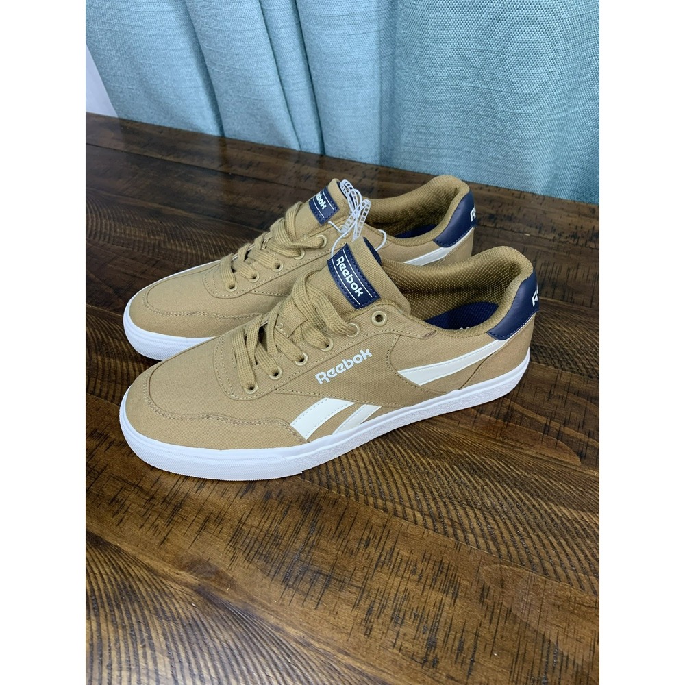 Reebok Men's Canvas Lace-Up Sneaker Brown/White/Blue Logo Round Toe size 10